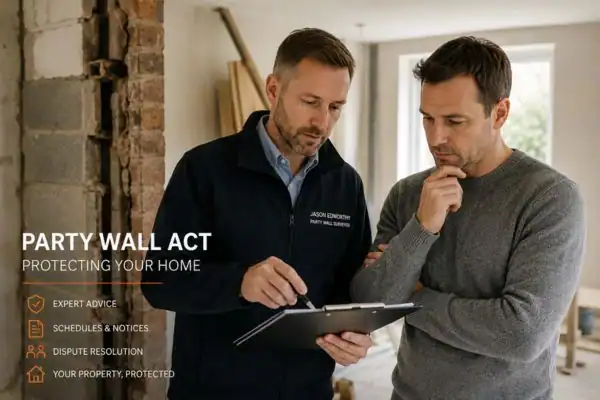 Party wall surveyor Solihull discussing extension plans with homeowner outside a UK semi-detached house.